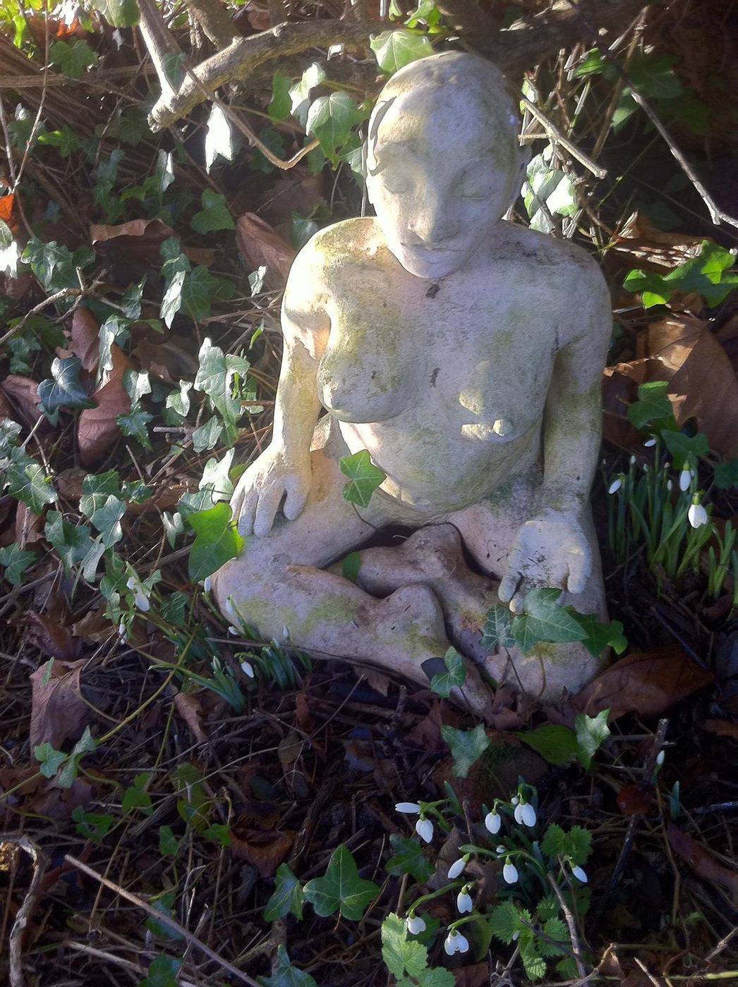 A stone figure sitting cross-legged among ivy and snowdrops in Lynne's garden